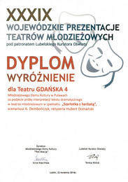 Dyplom XXXIX Wojewódzkie Prezentacje Teatrów Młodzieżowych dla Teatru Gdańska 4